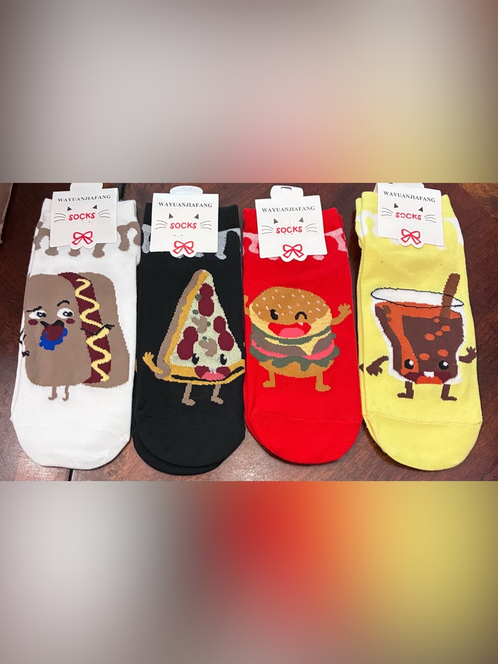 Cute Food Novelty Ankle Socks - Set of 4 (White, Black, Red, Yellow)